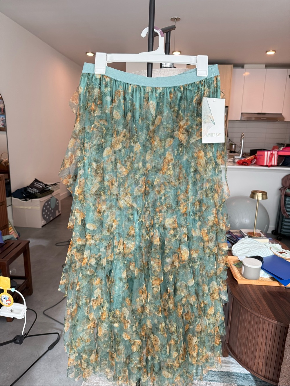 Green Floral Tiered Midi Skirt